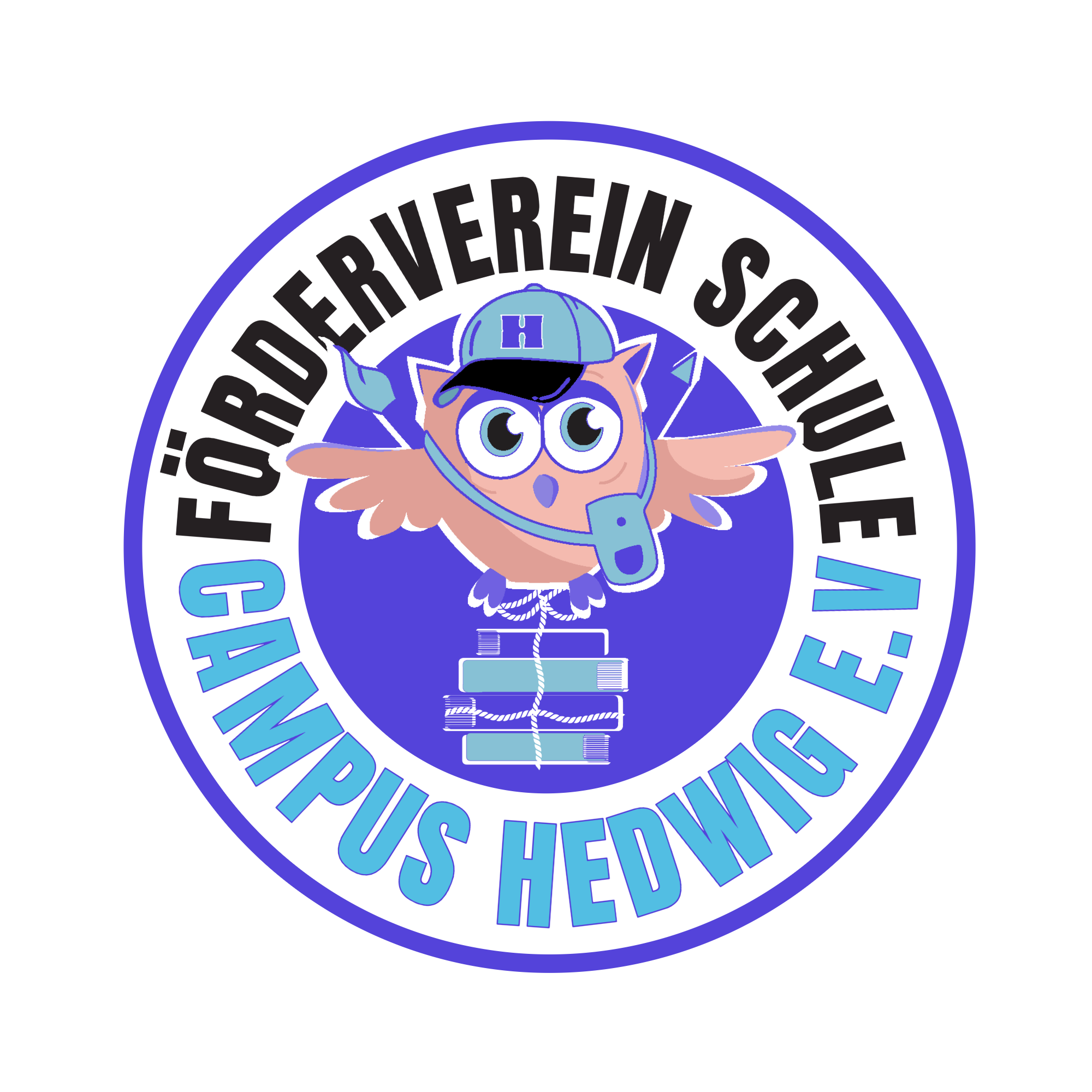 Logo: Eine lächelnde Eule mit Büchern – Symbol des Fördervereins Campus Hedwig e. V.